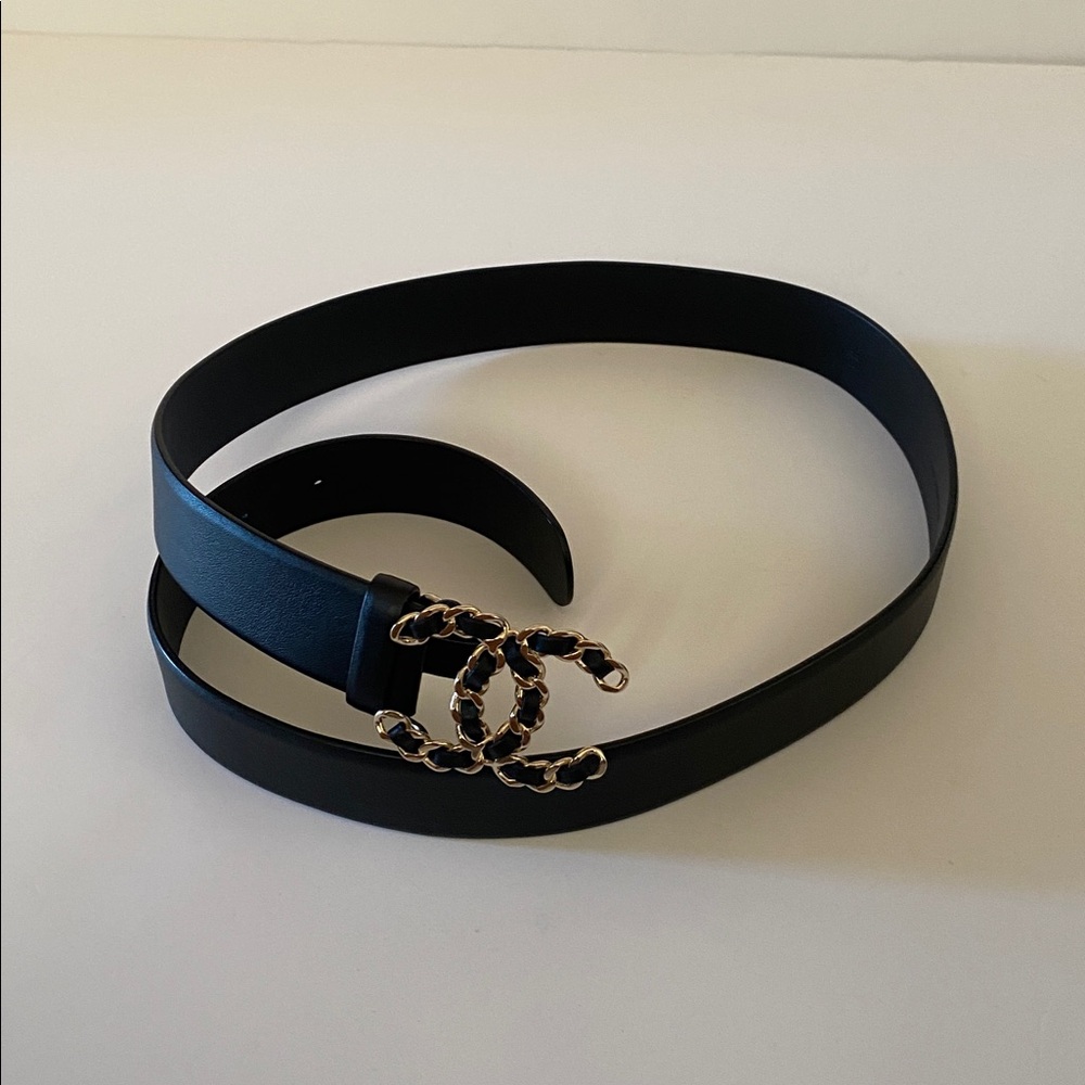 CHANEL Black Belt with gold Buckle